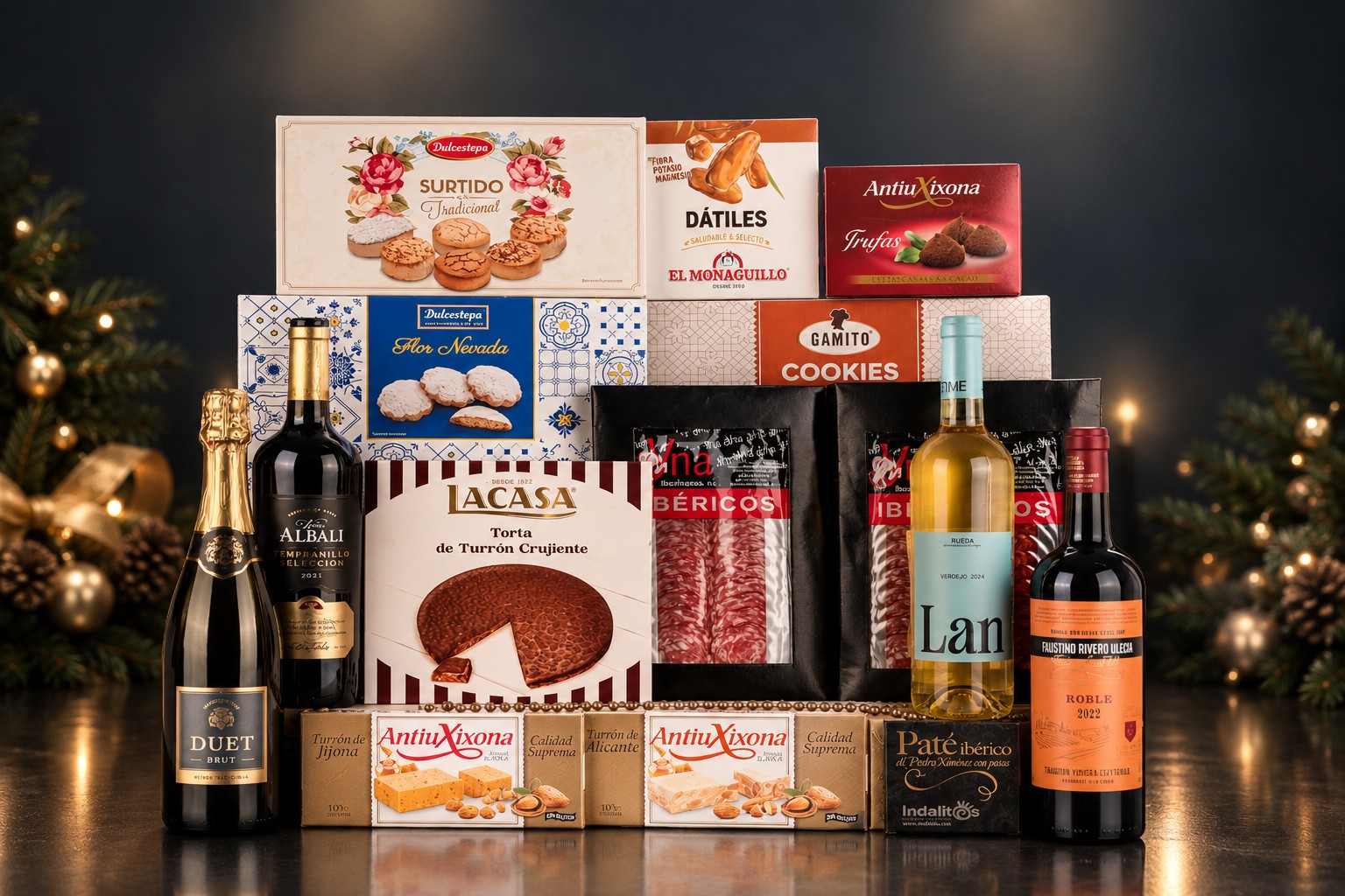 Cesta Clásica Montenoel con turrones, vino, cava y dátiles