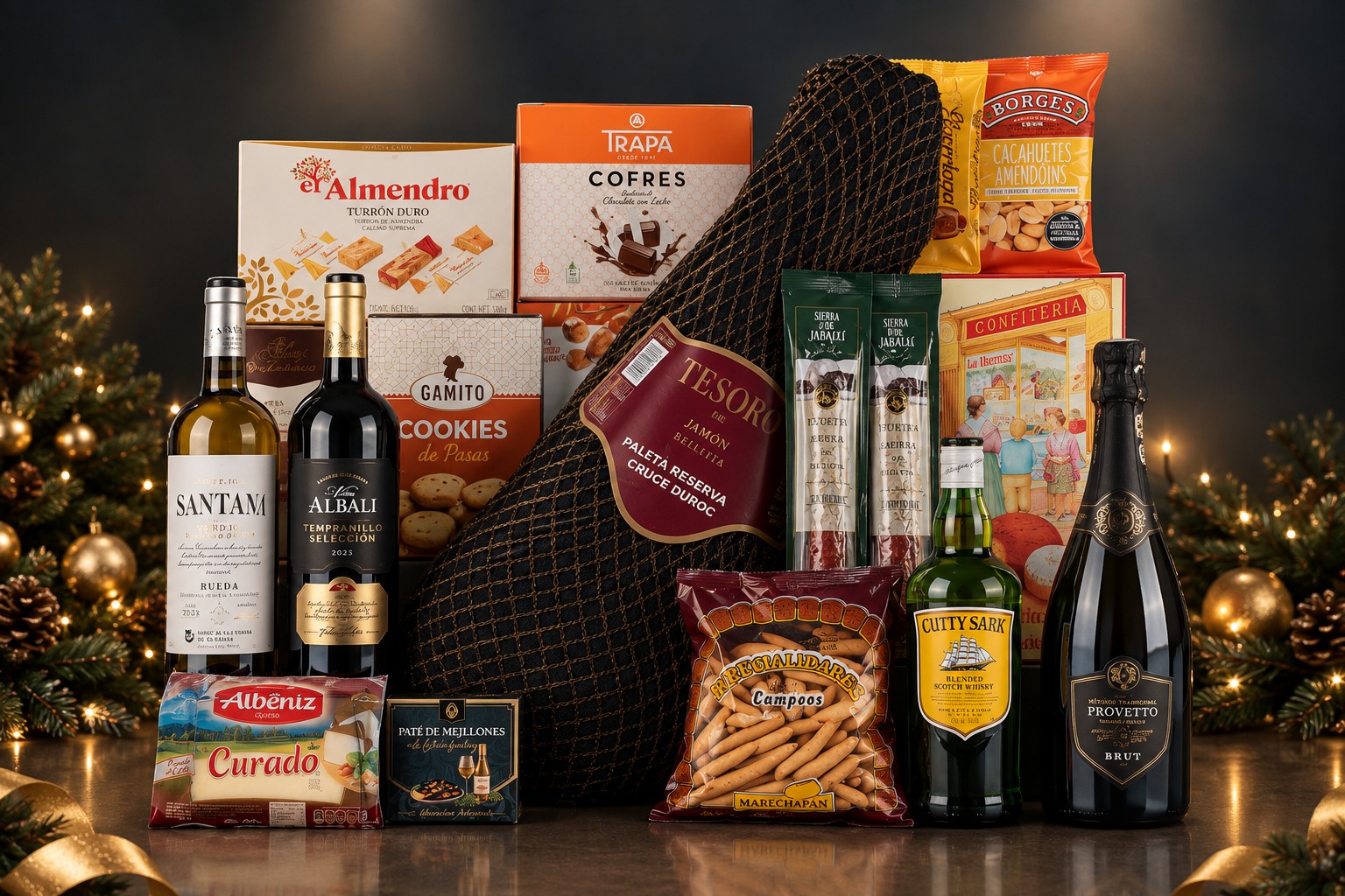 Cesta Ibérica Montenoel con paleta ibérica de bellota, embutidos y vinos