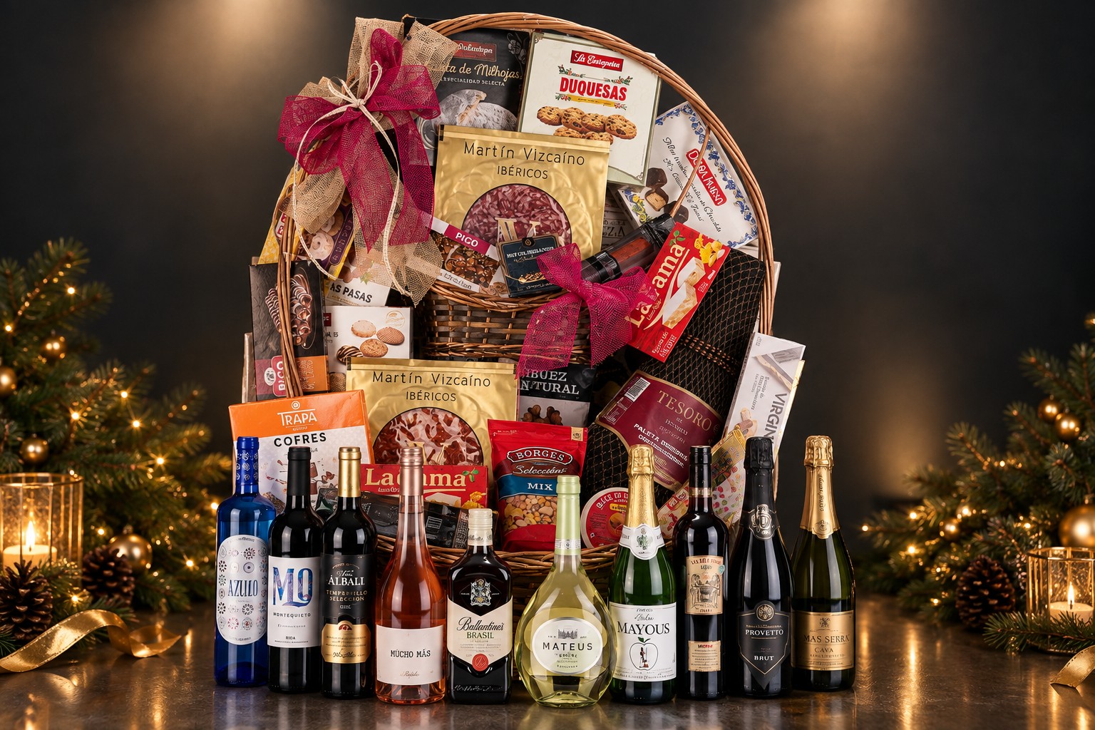 Cesta Personalizada Montenoel en cesto de mimbre con lazo, vinos, cava y turrones
