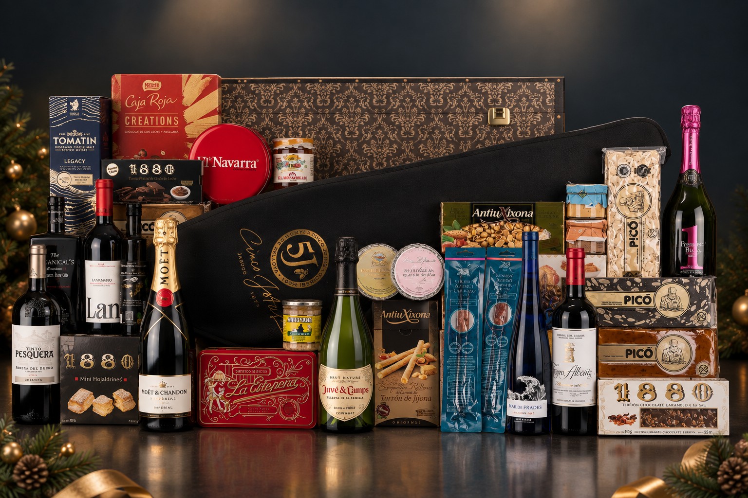 Cesta Premium Montenoel con whisky, cavas, vinos, jamón y turrones gourmet
