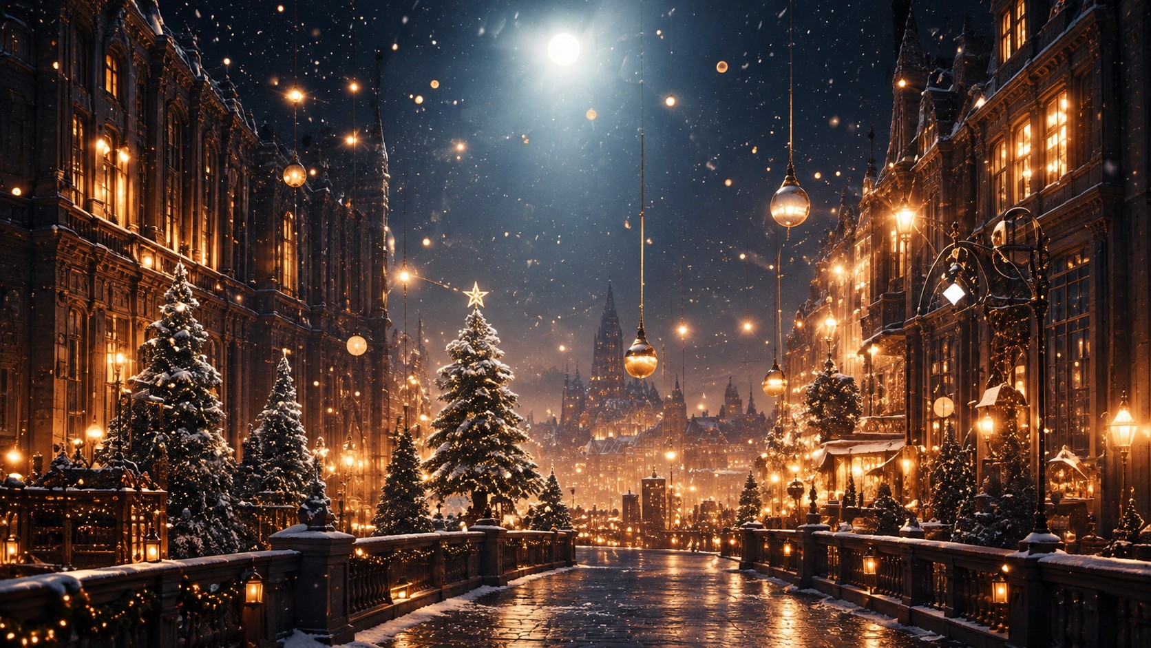 Calle nevada de Navidad de noche, con edificios iluminados y árboles decorados